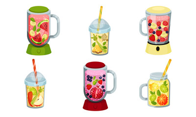 Smoothies in Blenders and Glass Jars with Different Ingredients Vector Set. Cocktail Bar