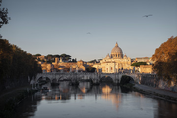 Tiber and St Peter Basilica in Vatican, sunrise time