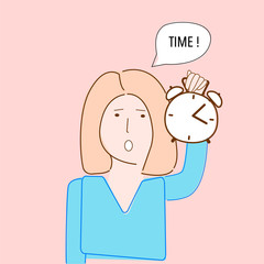 Upset woman holds an alarm clock. Time management poster. Lost time