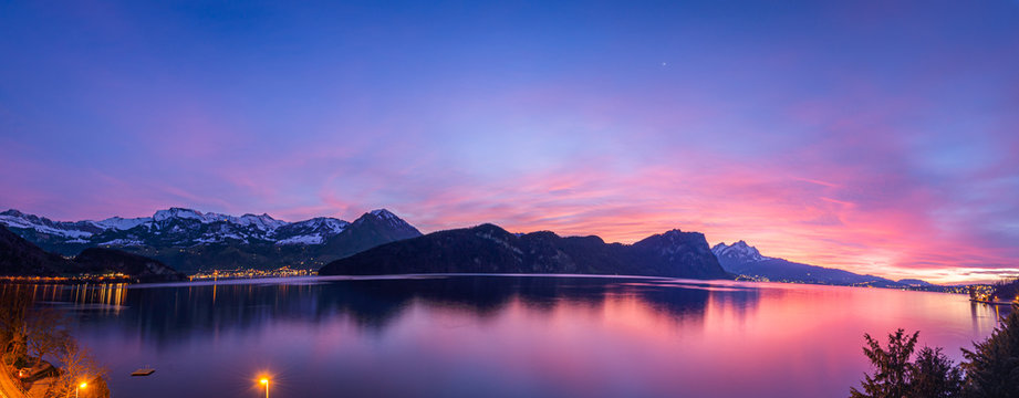 Switzerland. Spectacular sunset over the mountains and Lake Lucerne.