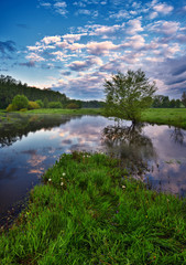 Dawn in the valley of a picturesque river. quiet morning. spring landscape