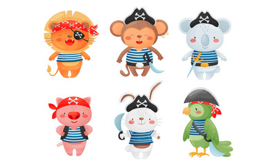 Animals Pirates Wearing Bandana and Hats with Crossed Bones Sign Vector Set