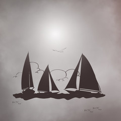 Monochrome illustration. Sailing boats, clouds in the background and one bird.