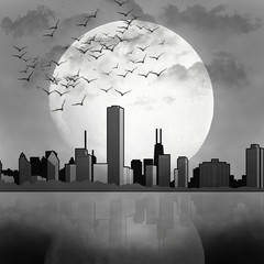 Black and white illustration. Watercolor. View of the city, sky, full moon and clouds.