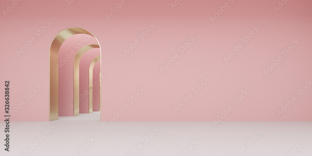 Aufkleber view of empty pink room with arch design and concrete floor,museum space, chapel entrance, perspecti