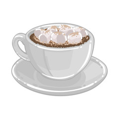 Round cup of coffee, cacao or hot chocolate with marshmallows