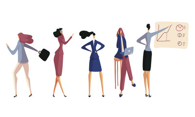 Talking by Phone and Presenting Diagram Office Female Employee or Businessswoman Vector Illustrations Set