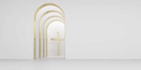 View of empty white room with arch design and golden cross,Museum space, Chapel entrance,church, Perspective of minimal architecture. 3D render.