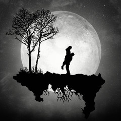 Black and white illustration. Loving couple on a small island with sky and moon background.
