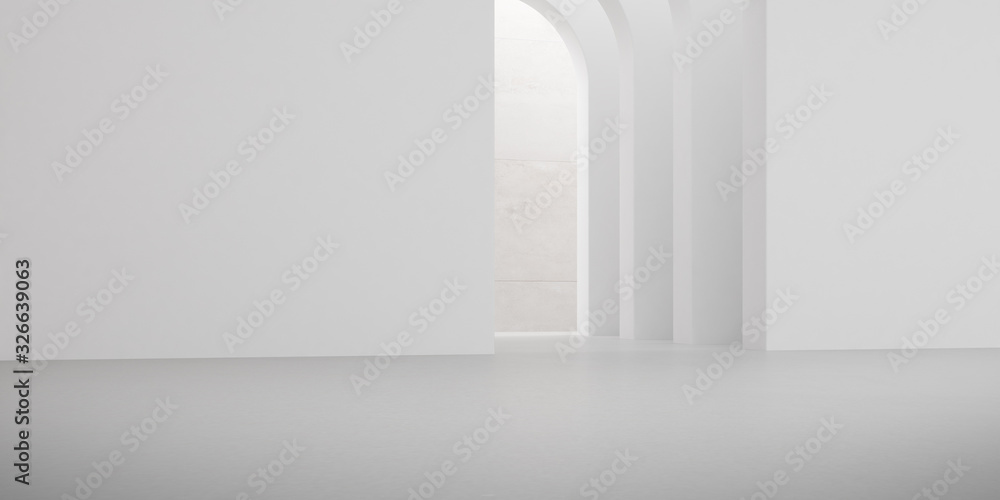 Poster view of empty white room with arch design and concrete floor,museum space, chapel entrance, perspect