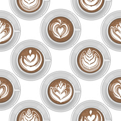 Round cups of coffee, cacao or hot chocolate with milk botanical art.
