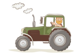 Cheerful tractor driver. Vector illustration, red man farmer rides in a green tractor	