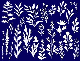 Flowers ink silhouettes illustration set of elements hand drawing