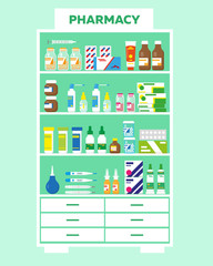 Shelves with medications. Medicine cabinet with drugs and bottles. Vector illustration.