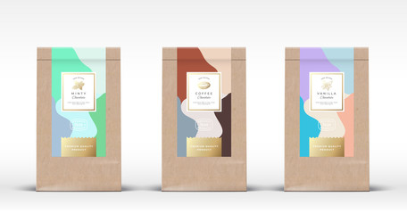 Craft Paper Bag with Chocolate Labels Set. Abstract Vector Packaging Design Layout with Realistic Shadows. Hand Drawn Mint and Vanilla Spice and Coffee Bean Sketch Silhouettes Background.