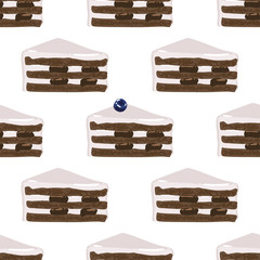 Triangular biscuit cake pieses of chocolate and vanilla creamy tastes covered with berry