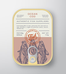Canned Ocean Fish Abstract Vector Aluminium Container Packaging Design or Label. Modern Typography Banner, Hand Drawn Cod Silhouette with Lettering Logo. Color Paper Background Layout.