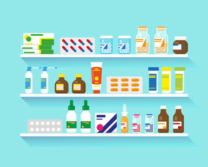 Shelves with medication on blue background. Different types of drugs on three shelves. Flat vector illustration.