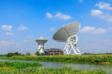 Observatory radio telescope under the blue sky in Shanghai.