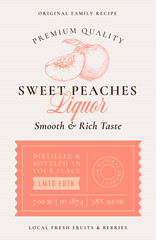 Family Recipe Peaches Liquor Acohol Label. Abstract Vector Packaging Design Layout. Modern Typography Banner with Hand Drawn Peach with a Slice Silhouette Logo and Background.