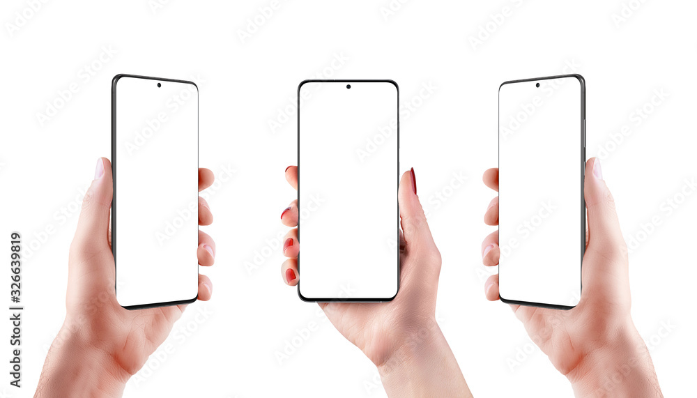 Leinwandbilder Isolated phone in hand mockup in three position. Isolated round screen and background. Modern phone with camera built into the display and round edges