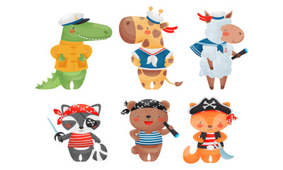 Funny Animals Sailors and Pirates Wearing Striped Vest and Bandana with Crossed Bones Vector Set