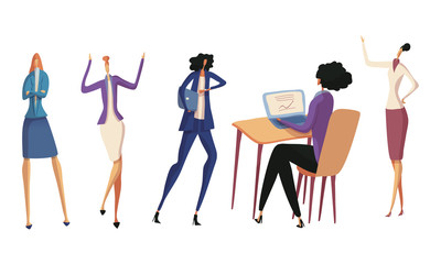 Hurrying Up and Sitting in Front of Laptop Office Female Employee or Businessswoman Vector Illustrations Set