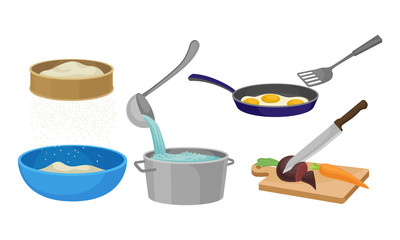 Cooking Process with Sifting Flour, Chopping Vegetables and Frying Scrambled Eggs Vector Set