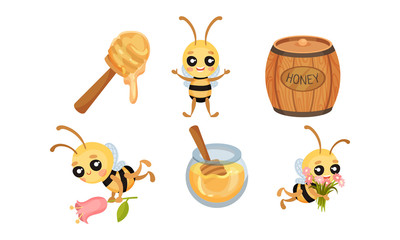 Cartoon Bee Character and Honey Isolated on White Background Vector Set