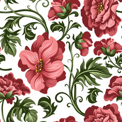 seamless pattern of decorative red peony and rose flowers - 326640884