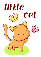 Cute cat with butterfly cartoon kawaii little cat flat hand drawn isolated on white background