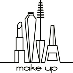 Vector line art composition with beauty products for women : lipstic, mascara, brush , nail polish and lettering word 