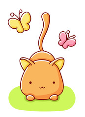 Cute cat with butterfly cartoon kawaii flat hand drawn isolated on white background