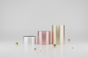 Abstract background for product presentation. Metallic cylinders and golden spheres on white background.