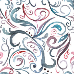 abstract seamless pattern, ornament of curls drawn by hand in watercolor on a white background