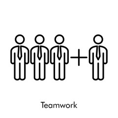 Concepto de negocios. Símbolo de añadir en trabajo en equipo. Icono plano lineal en color negro