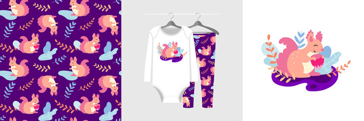 Forestry seamless pattern and illustration for a kid with the squirrel