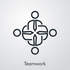 Símbolo trabajo en equipo. Icono plano lineal grupo de gente formando una cruz en fondo gris