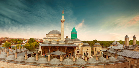 Mevlana Tomb and Mosque in Konya City. Mevlana museum view from above , Mevlana Celaleddin-i Rumi is a sufi philosopher and mystic poet of Islam