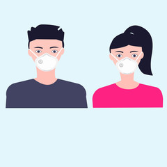 Woman and man wearing breath anti dust mask pm2.5 for protect something that cause allergic reactions include pollen, dust particles and animal, bacteria. Face Mask Protection N95. Flat style