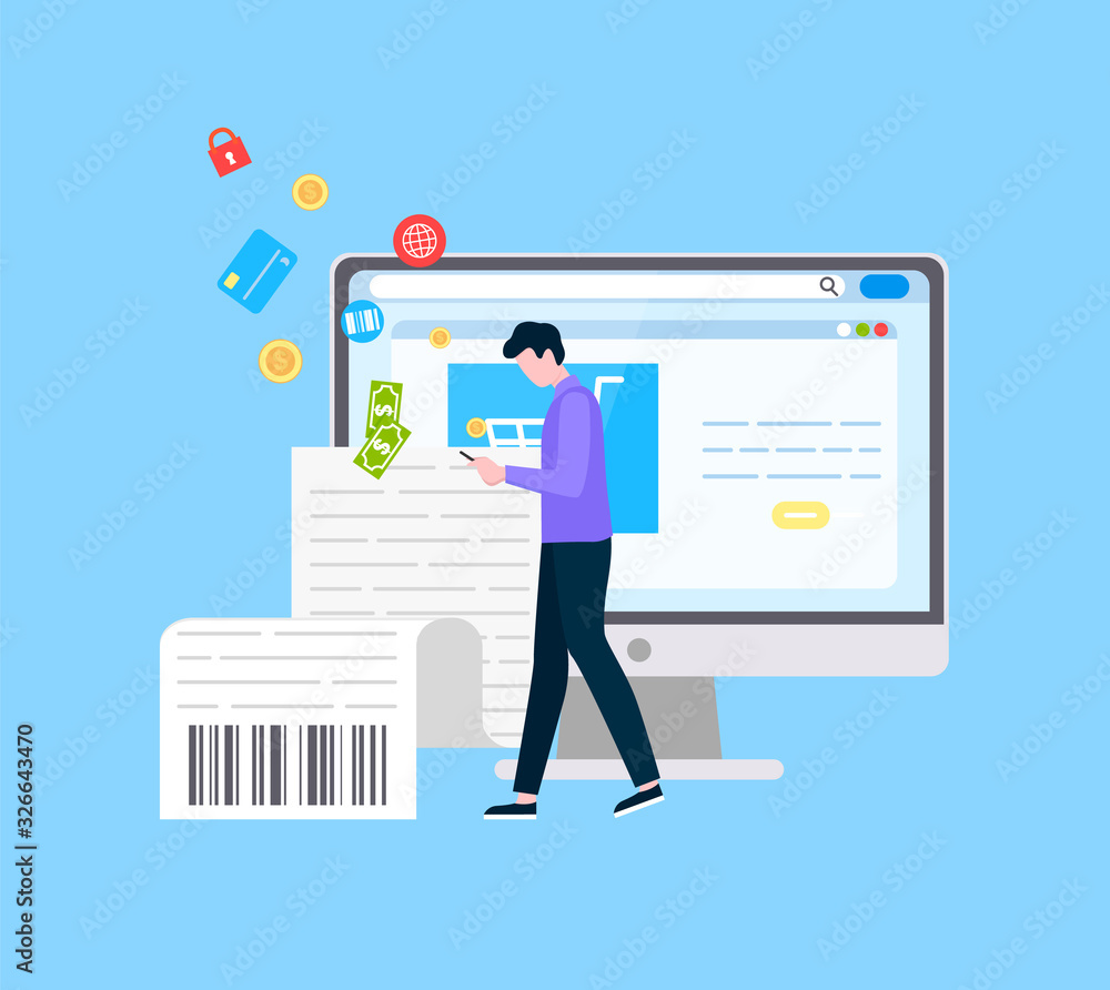 Poster computer with bill having qr code vector, man looking at screen of smartphone, male using cell phone