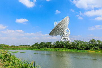 Observatory radio telescope under the blue sky in Shanghai.