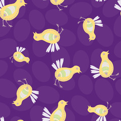 Easter chick seamless vector pattern background. Decorated bird folk art illustration. Scandinavian style baby chickens on purple lent backdrop. Avian all over print. Christian celebration concept.