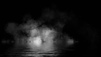 Fog and mist effect on black background. Coastal smoke on the shore. Reflection in water texture overlays. Stock illsutration.