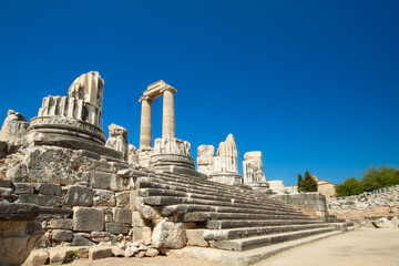 Antique ruins. Columns of an ancient ancient city. Turkey, Temple of Apollo.