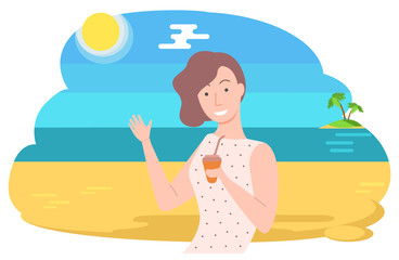 Seascape and woman vector, female character relaxing on coast, beach with water and palm tree. Sunshine and summer vibes, lady with plastic cup drink
