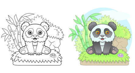 cartoon little cute panda sitting on the grass, funny illustration