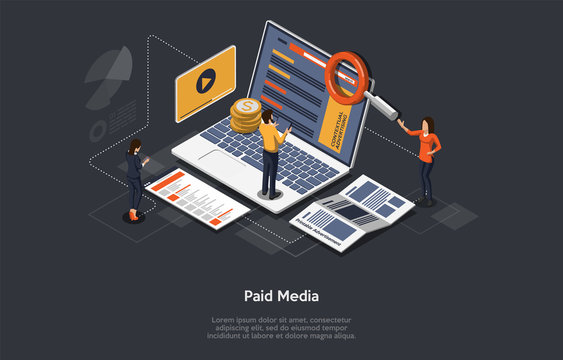 Paid Media Marketing Concept, Pay Per Click, PPC Campaign, Marketing Platform, Online Documentation Inspection, Identity Development. Paid Media, Digital Auditing. Isometric Vector Illustration