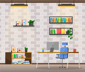 Office of boss or director. Working space of ceo executive of company. Table with personal computer and cup of coffee. Shelves with books and documents or files. Interior vector in flat style