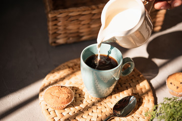 Close-up cup of coffee with milk